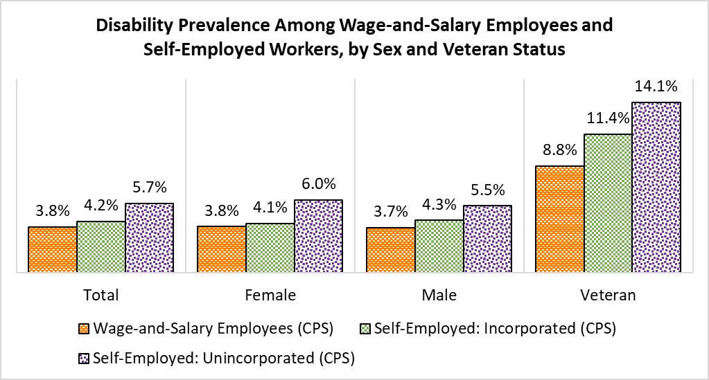 Bar Chart showing disability prevalence among wage-and-salary employees and self-employed workers overall and by sex and veteran status. Data from the 2021 CPS. Details are provided in table below.