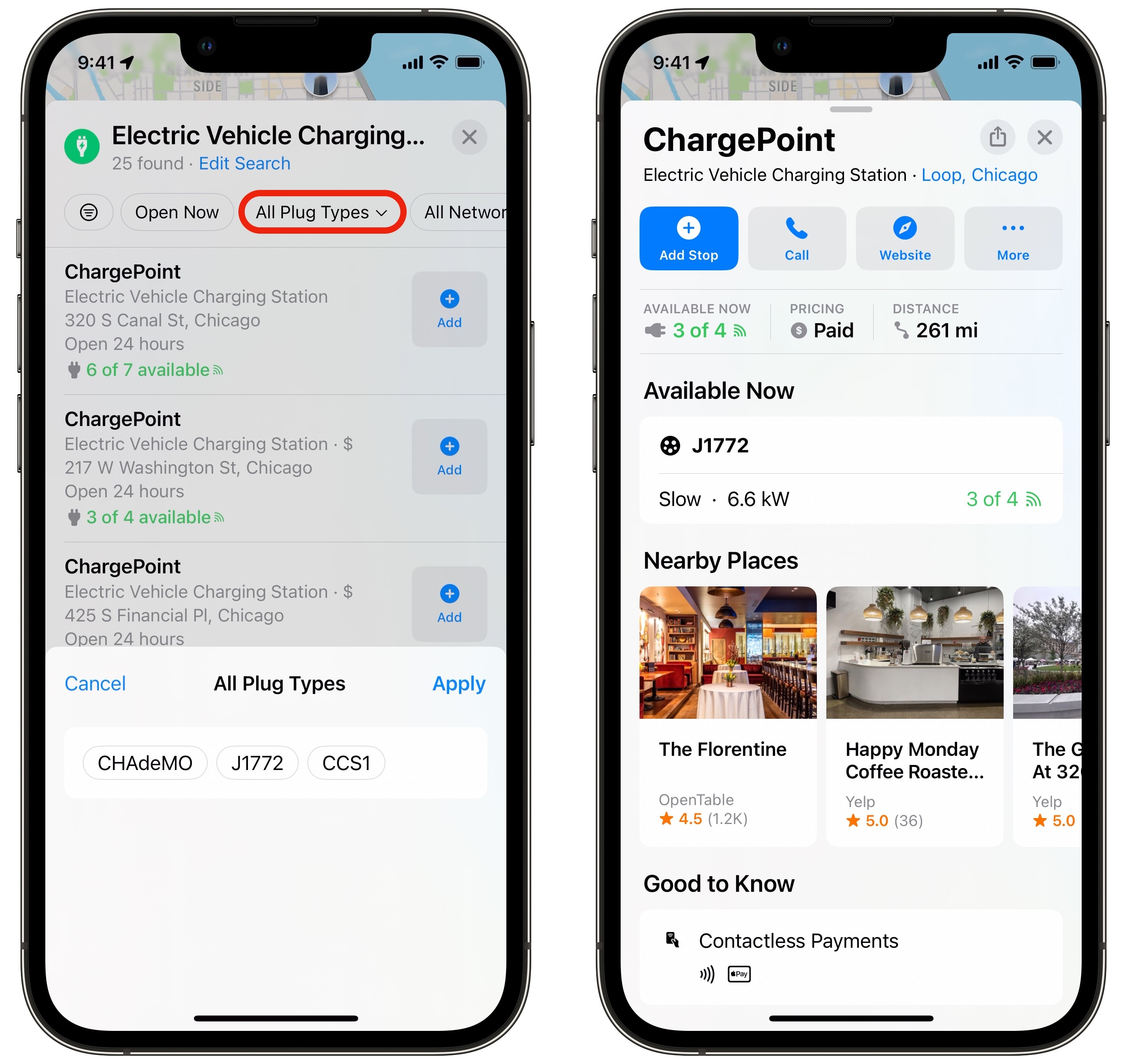 Filtering results and viewing a charging station.