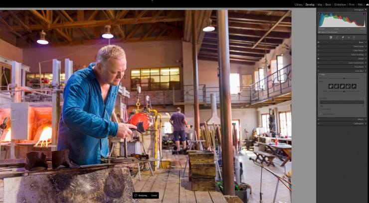 A Czech glass blower photograph being analyzed by AI Lens Blur in Lightroom