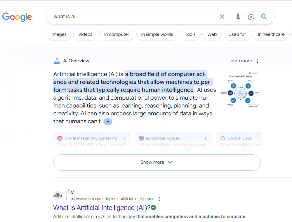 New AI Overviews results page in Google.