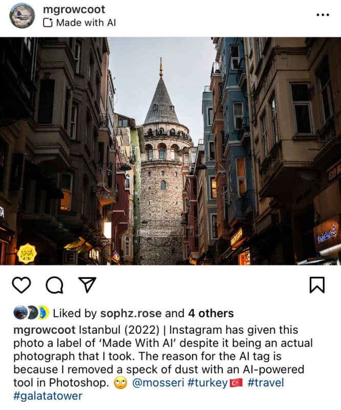 A photo of Galata Tower in Istanbul, framed by buildings on both sides. The caption discusses the photo mistakenly being labeled as AI-generated due to a speck of dust altered in Photoshop. Tags include Istanbul, Turkey, travel, and Galata Tower.