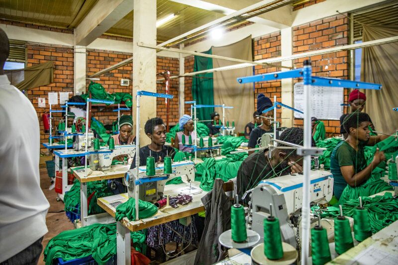 Staff at work in the production room of New Kigali Designers and Outfitters in Kigali, Rwanda.