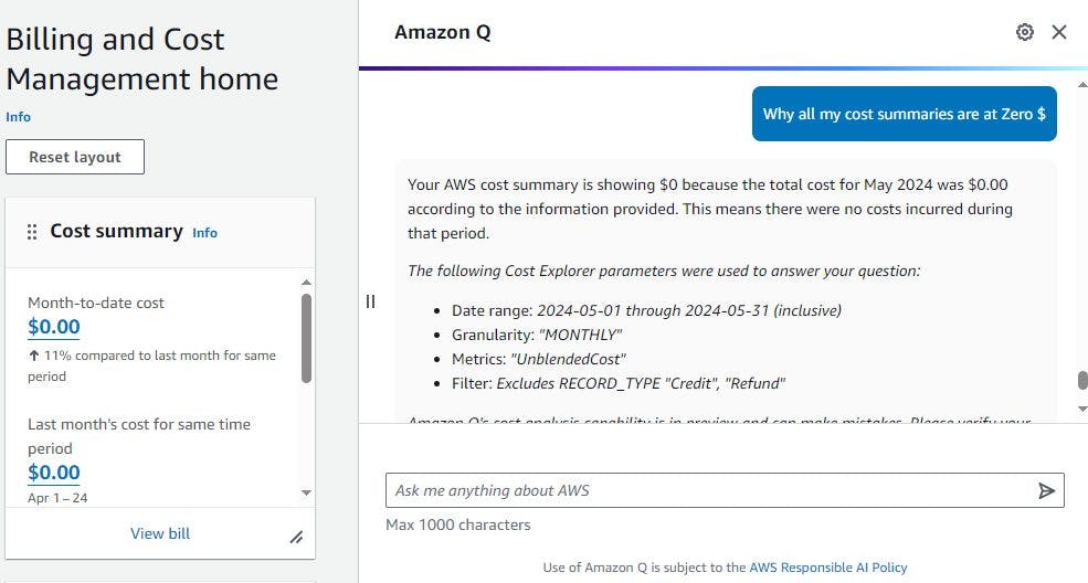 The AWS cost summary 