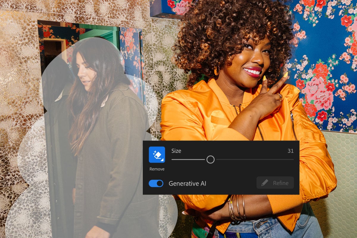 A smiling woman with curly hair and a bright orange jacket poses with a peace sign. A blurred area in the image covers another person in the background against a floral-patterned wall. A photo-editing interface for size adjustment and generative AI is visible.