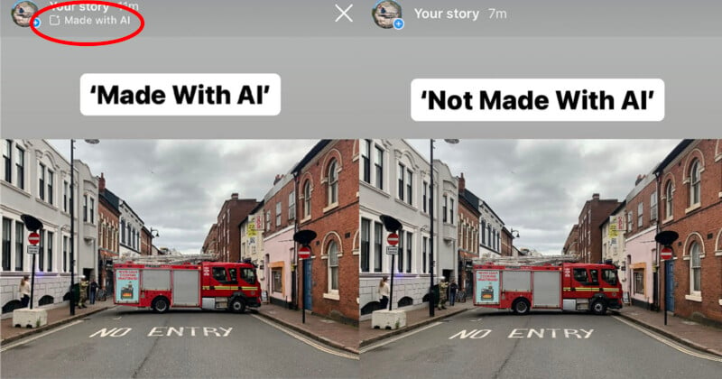 A split-screen image comparing two photos of the same street. The left side, labeled "Made With AI," features a street with a red firetruck. The right side, labeled "Not Made With AI," shows the same street without the firetruck.