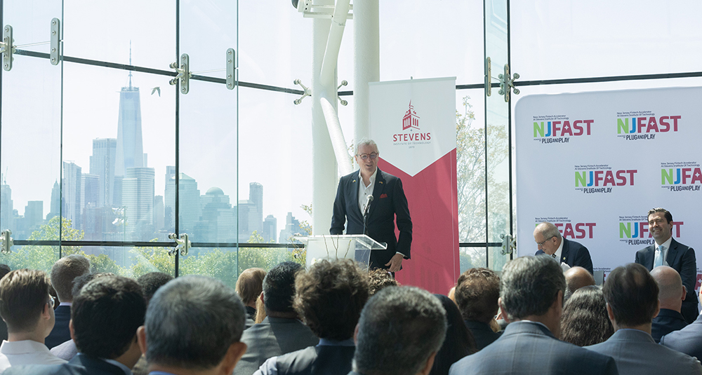 Gov. Phil Murphy attends the announcement of the New Jersey Fintech Accelerator at Stevens Institute of Technology (NJFAST) at the Babbio Center in Hoboken on May 7, 2024.