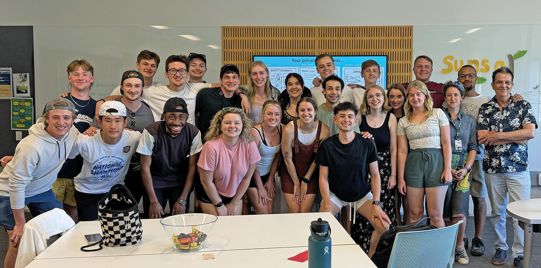 The class at the Ministry of Awesome in Christchurch, where they worked with digital and innovation manager Andy Blackburn (far right) on a design thinking exercise and pitched business ideas.