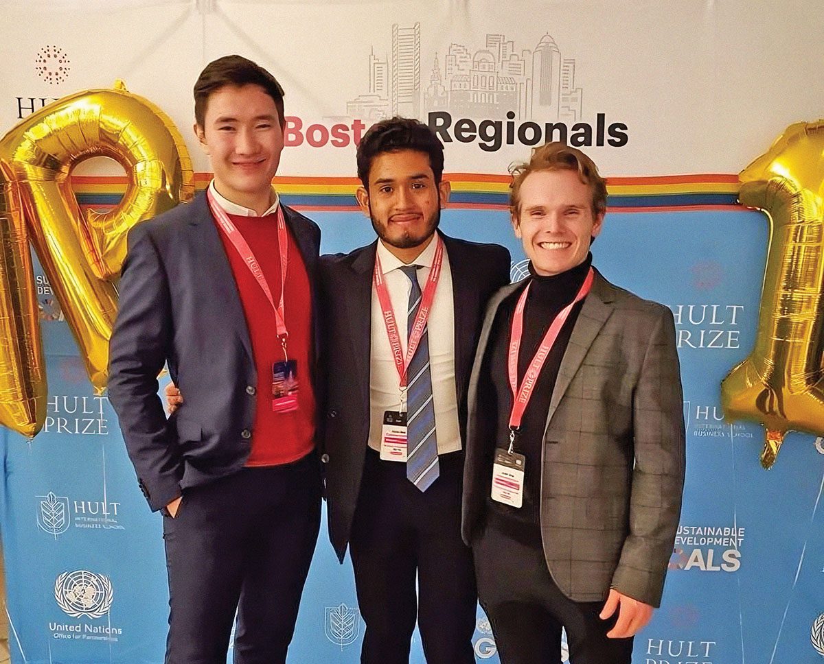 In 2019 the team that included (from left) Zhanat Seitkuzhin '22, Michael Paredes '22, and Jakob Otten pitched Foodle, a meal preparation social enterprise designed to provide steady supplies of food to community centers and provide meaningful employment opportunities to youth. They entered their idea into the Hult Prize entrepreneurship challenge, where they were among the 40 finalists selected to spend five weeks in London participating in a business accelerator program. 