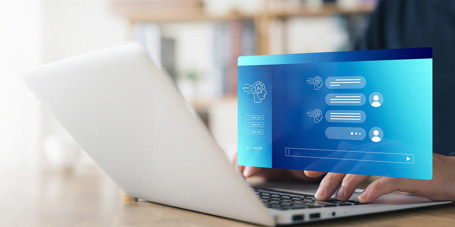 Person typing on laptop and interacting with AI for customer service