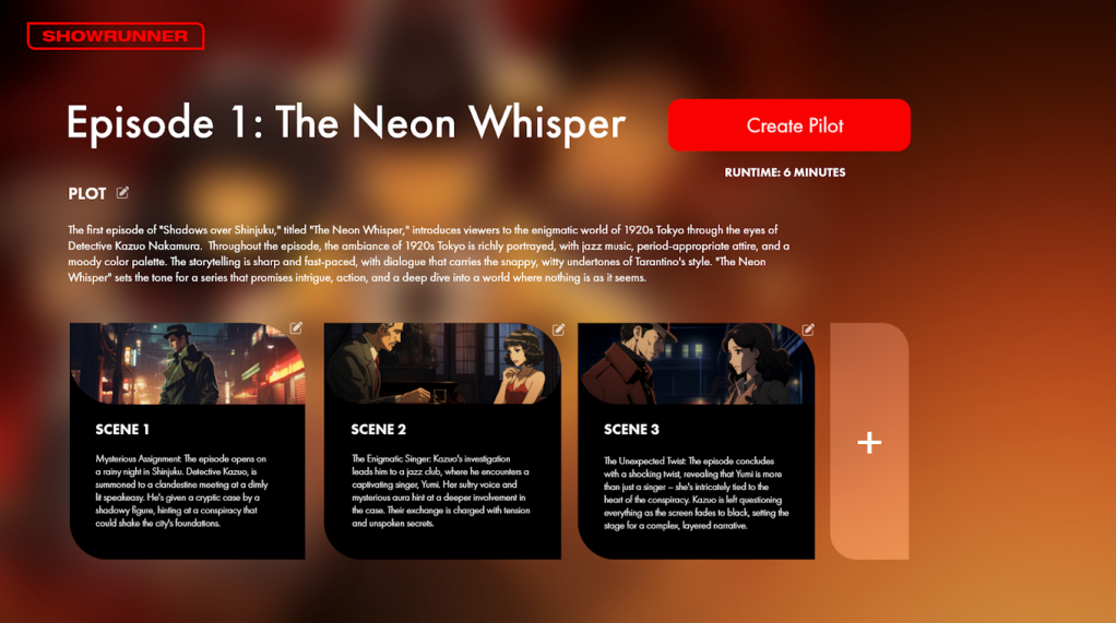 Showunner user interface allows for the creation of scenes.
