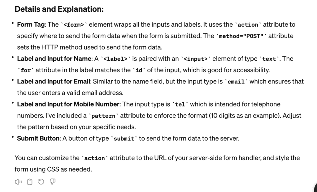 Screenshot showing a webpage with detailed descriptions of various HTML form elements, including attributes, examples, and insights into Chat GPT design for websites.