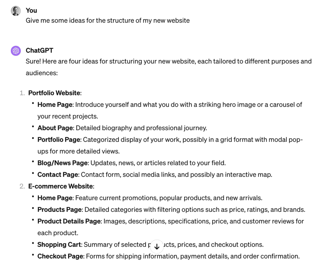 An image displaying a detailed structure for a new website with labeled sections such as home page, about page, and products page, presented in a Chat GPT design format.