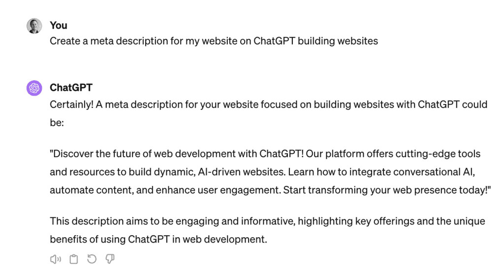 Screenshot of a user asking for a website meta description about designing websites with ChatGPT, with ChatGPT's response displayed.