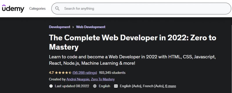 The Complete Web Developer in 2022: Zero to Mastery (Udemy)