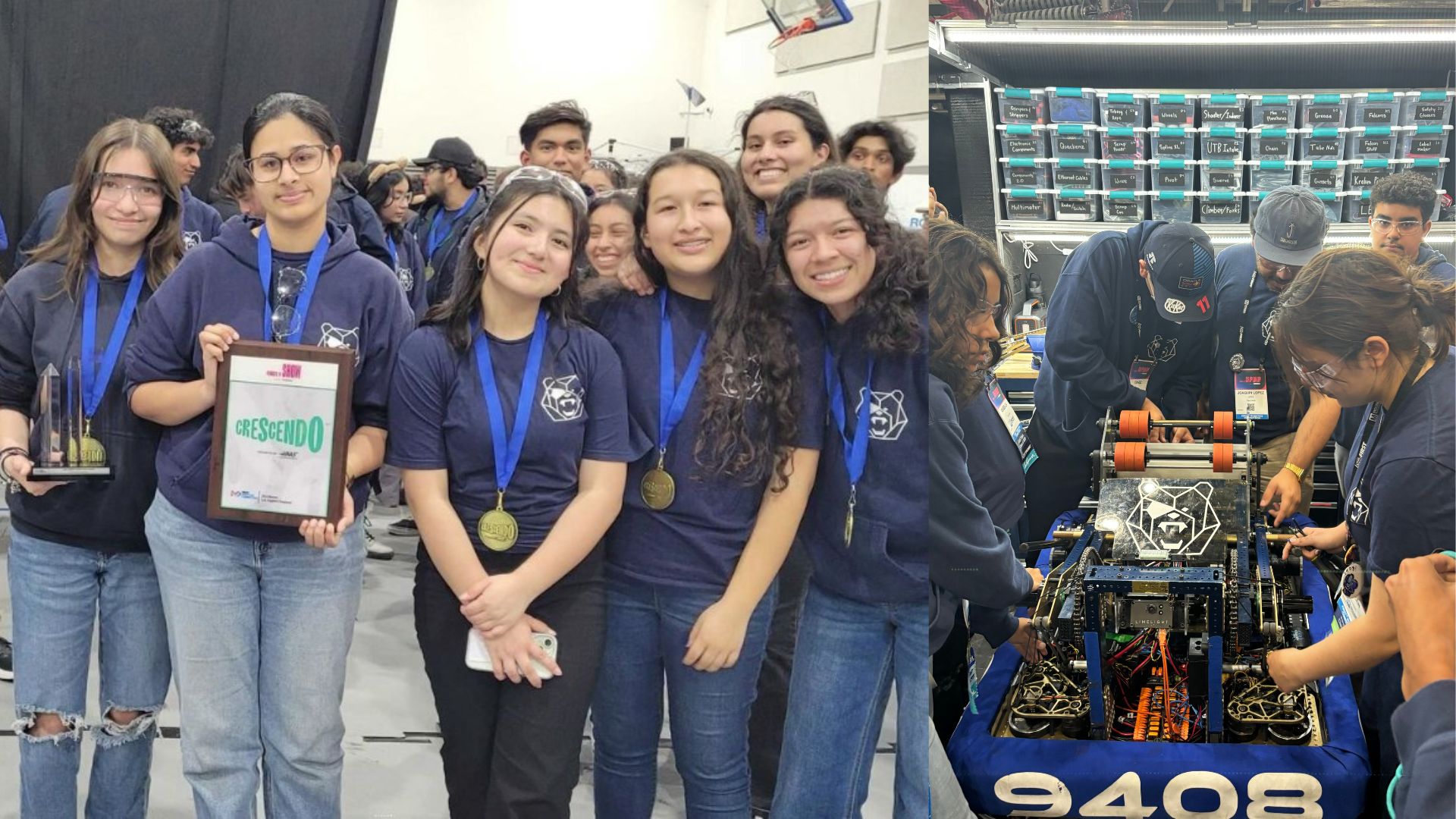 Warren High's Warbots pose with their Winners banner at the 2024 FIRST Robotics Los Angeles Regional robotics competition.