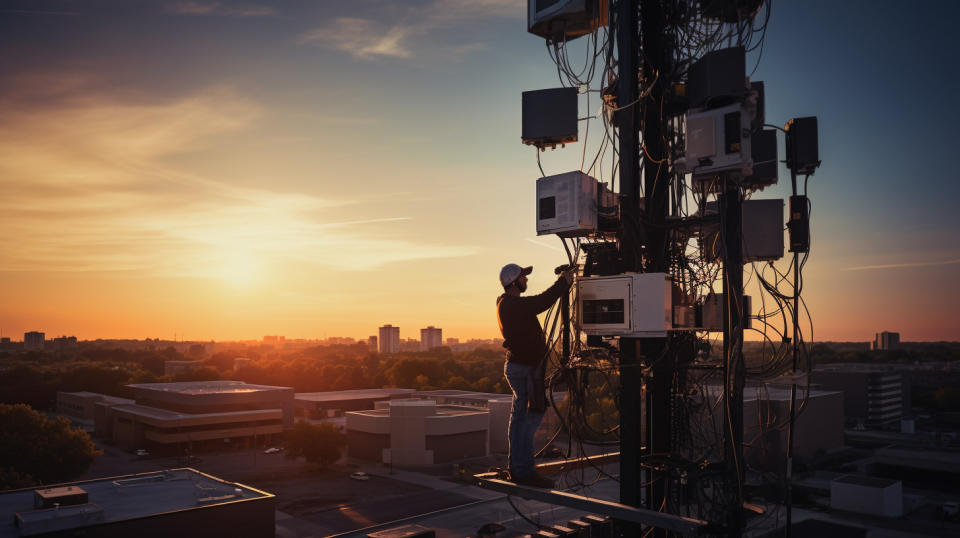 A technician setting up a tower to improve the city’s broadband coverage.