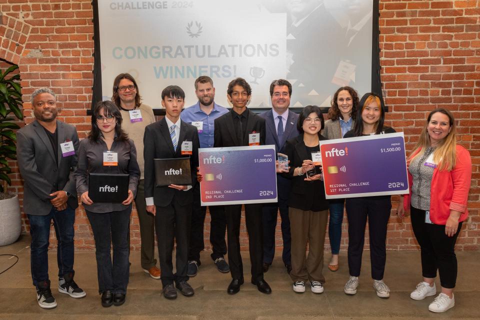 Dr. J.D. LaRock, CEO of global nonprofit Network for Teaching Entrepreneurship, poses with youth whose business ideas won top recognition at the 2024 NFTE West (Northern California) Regional Youth Entrepreneurship Challenge.