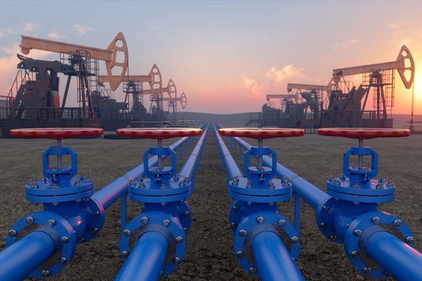 blue pipe lines leading to pumpjacks