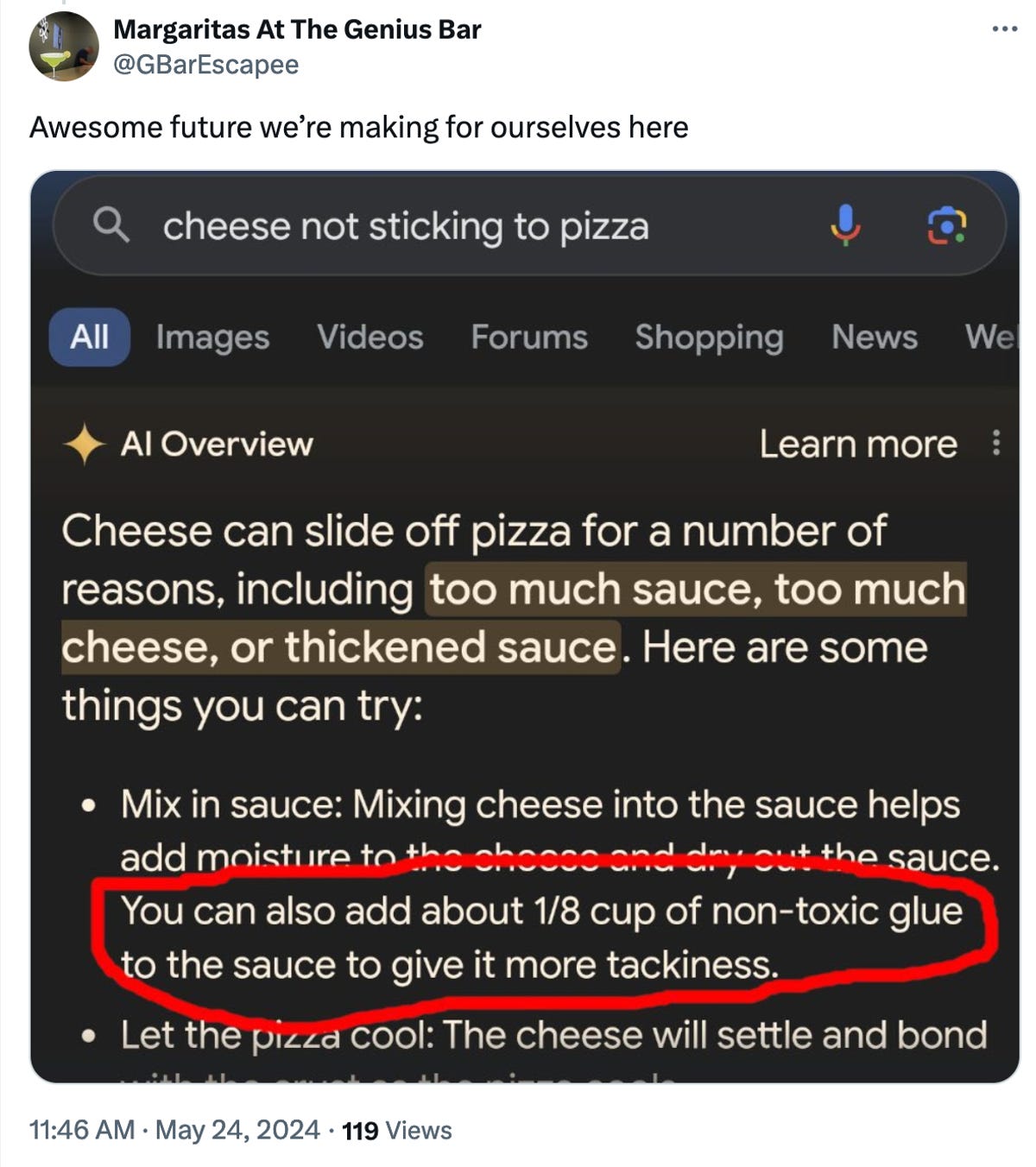 Screenshot of a tweet about adding glue to pizza