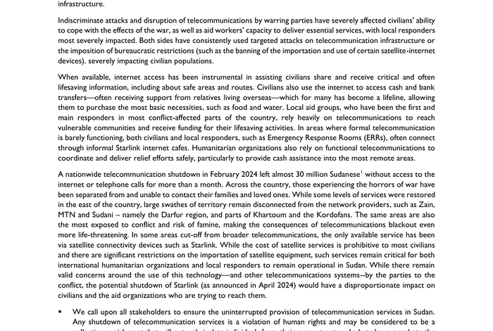 Telecommunications Blackout in Sudan: Parties to the Conflict Must End Collective Punishment and Enable Access to Life-Saving Telecommunications [EN/AR] – Sudan