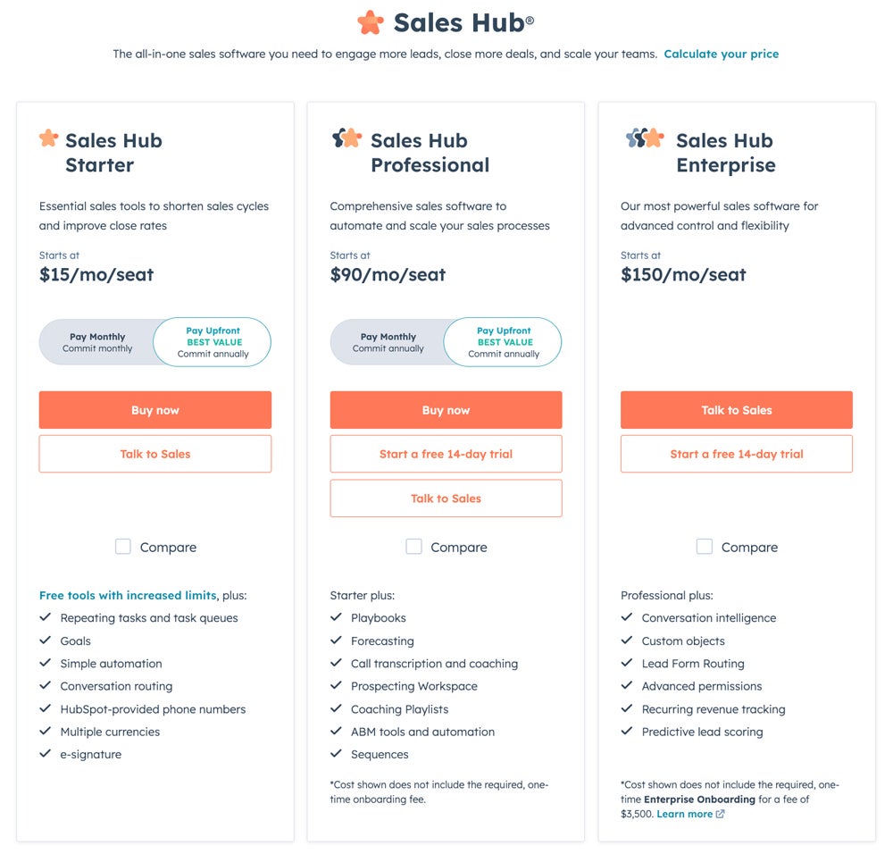 HubSpot pricing plan.