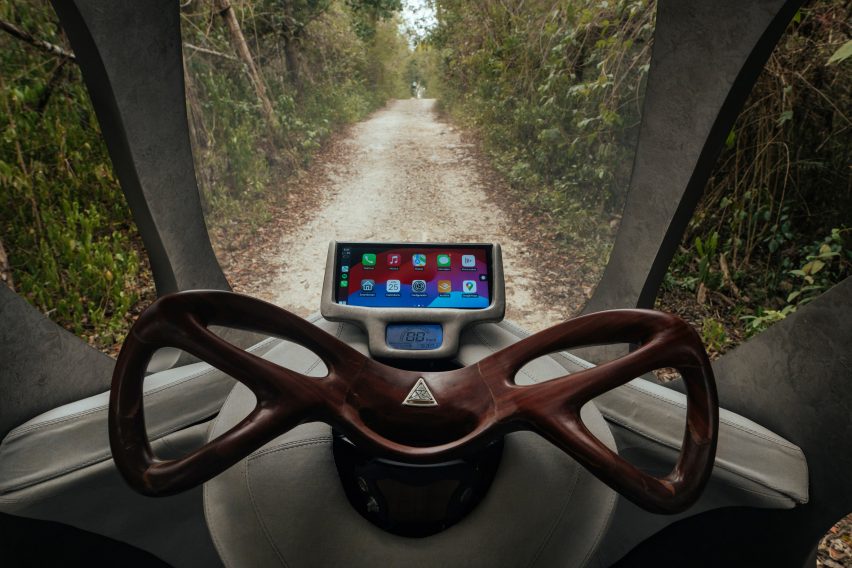 A wooden steering wheel in car