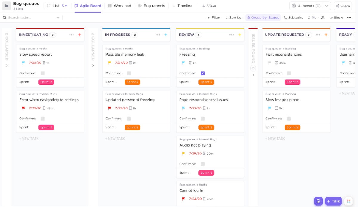 ClickUp’s Agile Board for bug tracking.