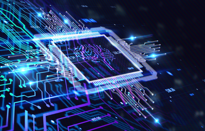 Virtual chip with a digitized brain logo on a background of a circuit grid.