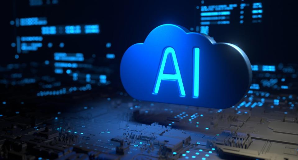 The image of a cloud with "AI" written on it is shown in a data center.