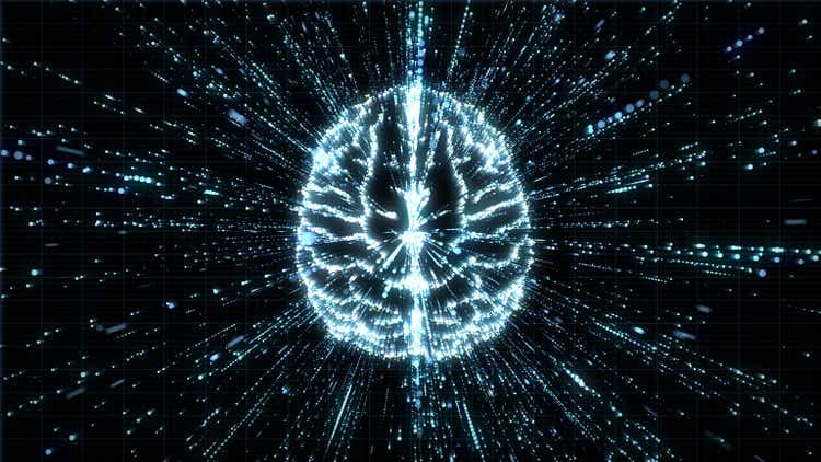 Top view of digital brain in lines of streaming data