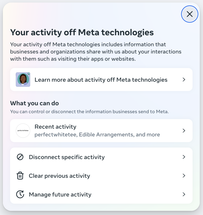 screenshot of activity off meta settings with options to disconnect, clear, and manage future settings of information shared with Meta