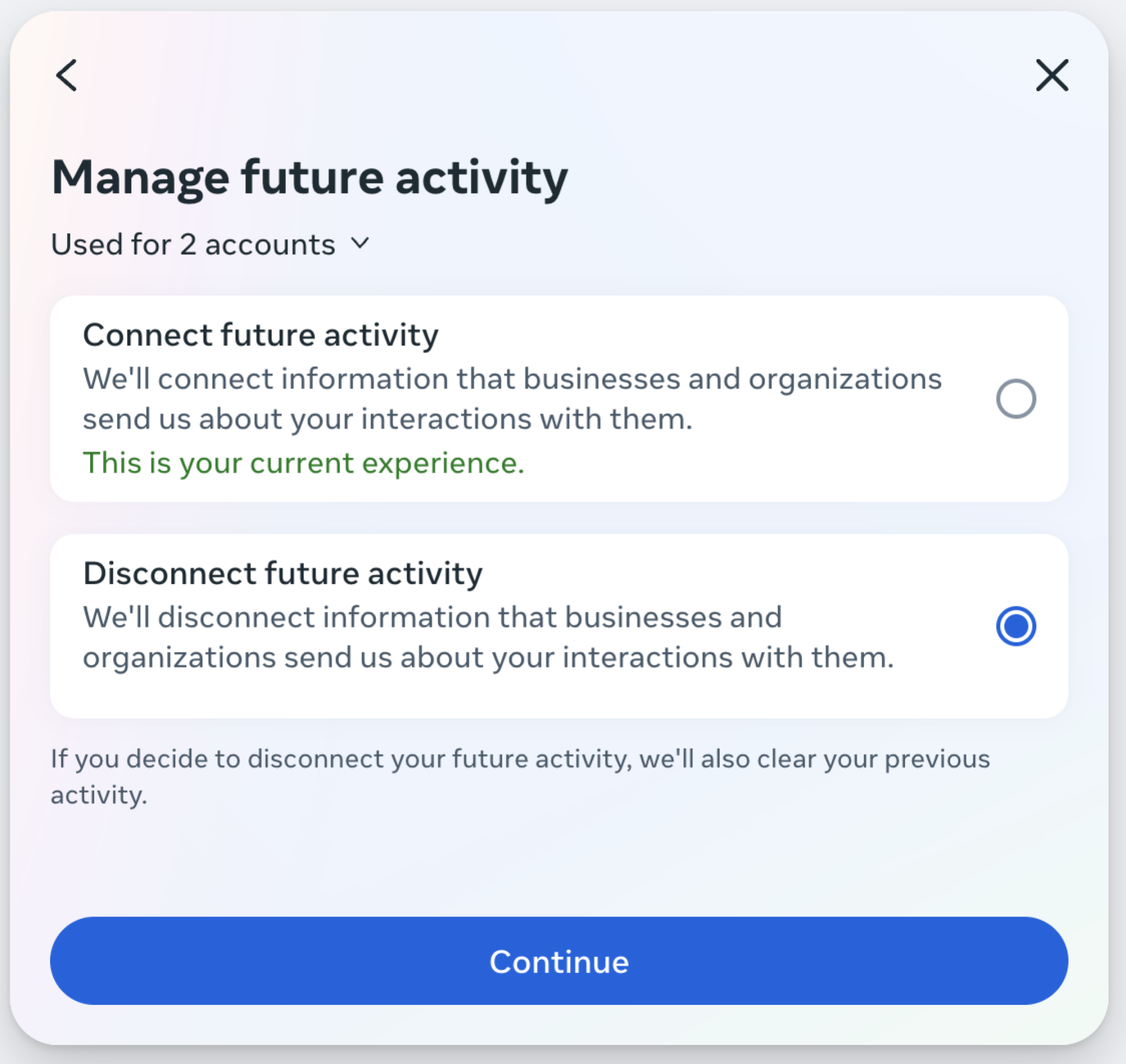 screenshot of Meta settings page to disable future activity from being shared with third parties