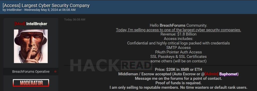 IntelBroker Hacker Claims Breach of Major Cybersecurity Firm, Offers Access for Sale