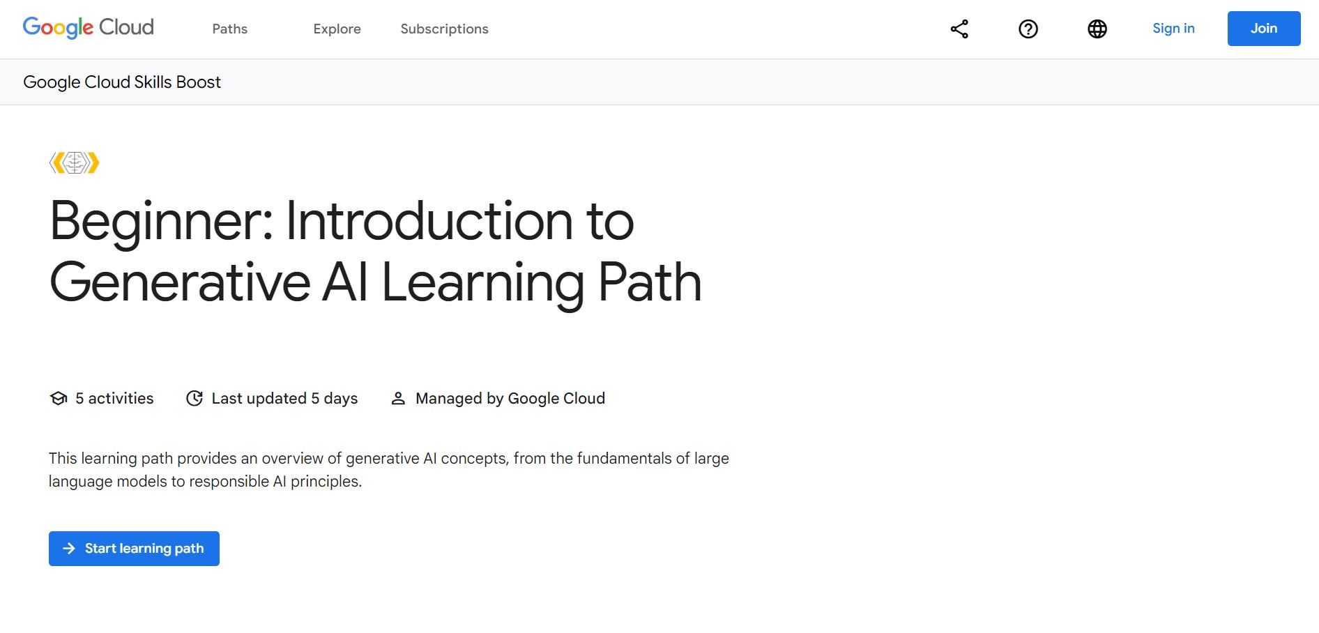 Introduction to Generative AI learning path by Google course screenshot