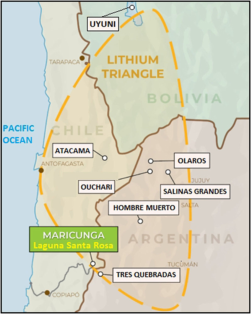 Map showing the lithium triangle. 