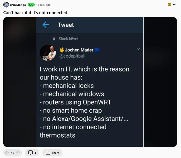 Tweet from user @codepitbull saying that house does not use smart devices