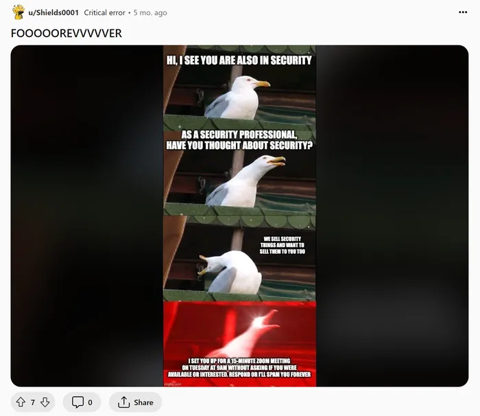 cybersecurity meme featuring a seagull losing its cool after a barrage of incessant sales pitches and unsolicited meeting