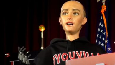 Creepy, bald female AI robot praises Buffalo Bills and chicken wings at New York grad address