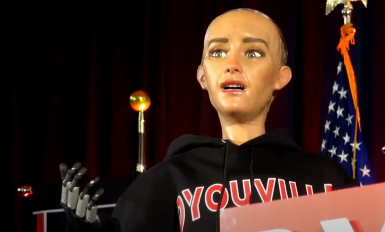 Creepy, bald female AI robot praises Buffalo Bills and chicken wings at New York grad address Creepy, bald female AI robot praises Buffalo Bills and chicken wings at New York grad address