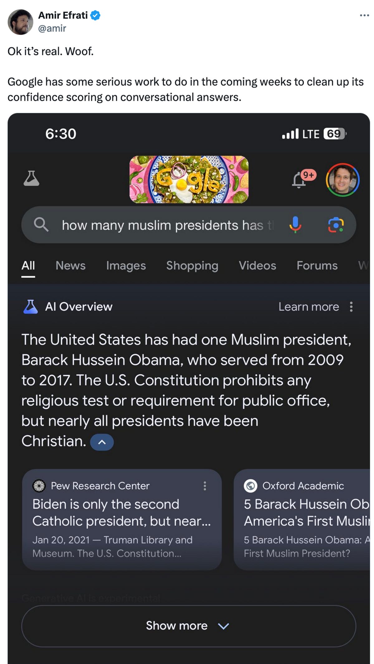 Google AI answer incorrectly saying President Obama was Muslim