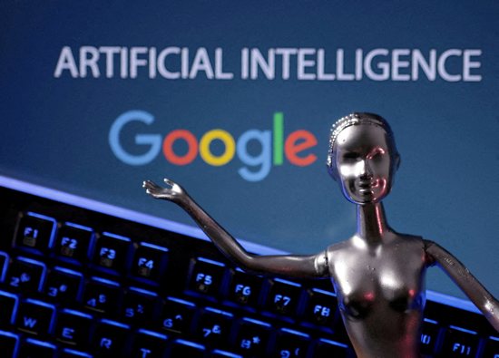 The Google logo and AI Artificial Intelligence words are seen in this May 4, 2023, illustration. 