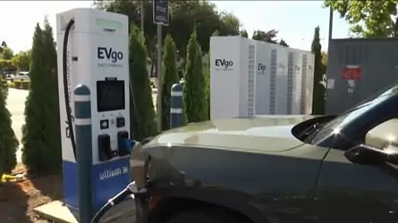 Rivian vehicle charging at an EVgo fast charger in California (Source: NBC Bay Area)