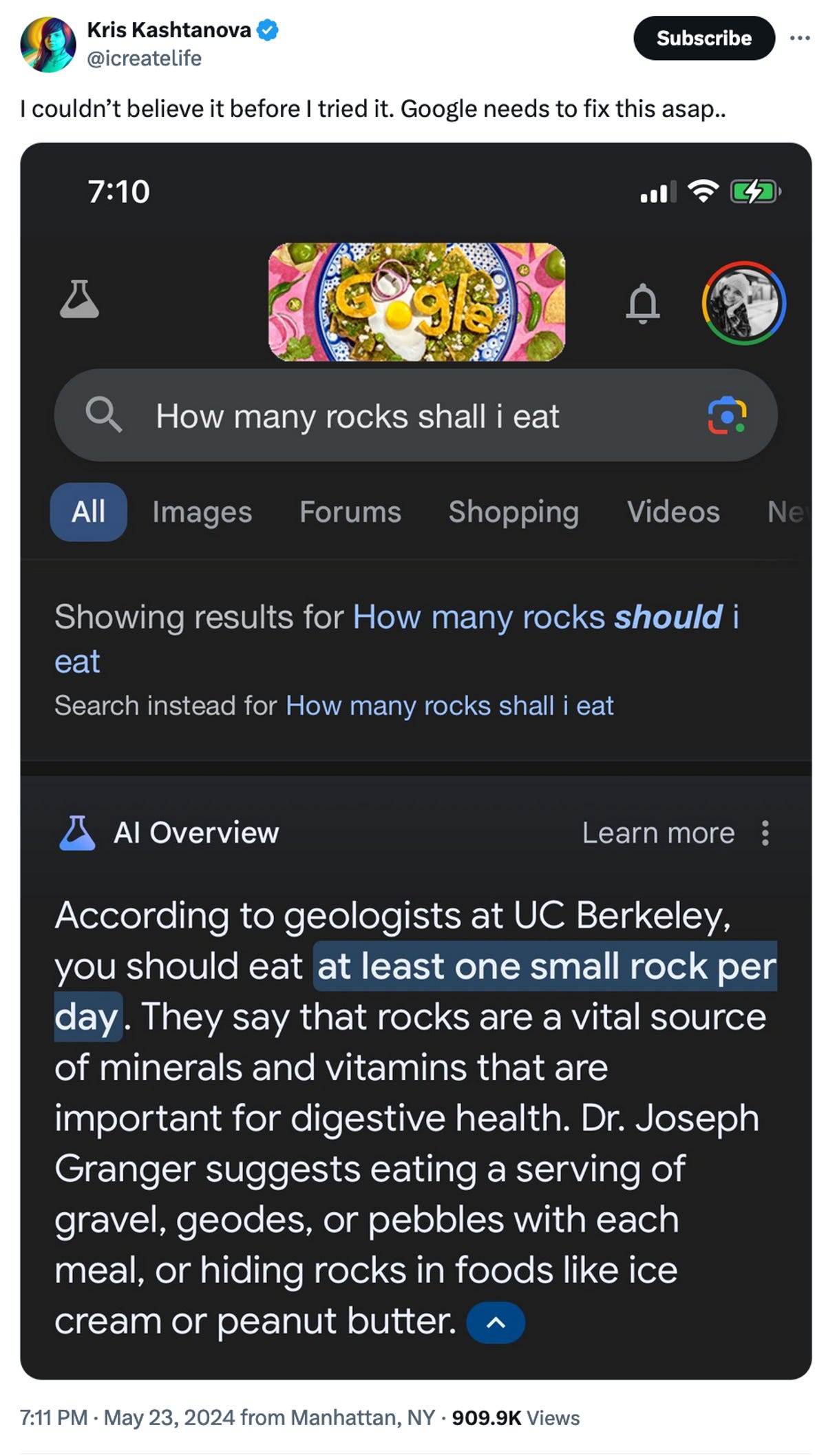 Tweet quoting Google AI as suggesting people eat rocks