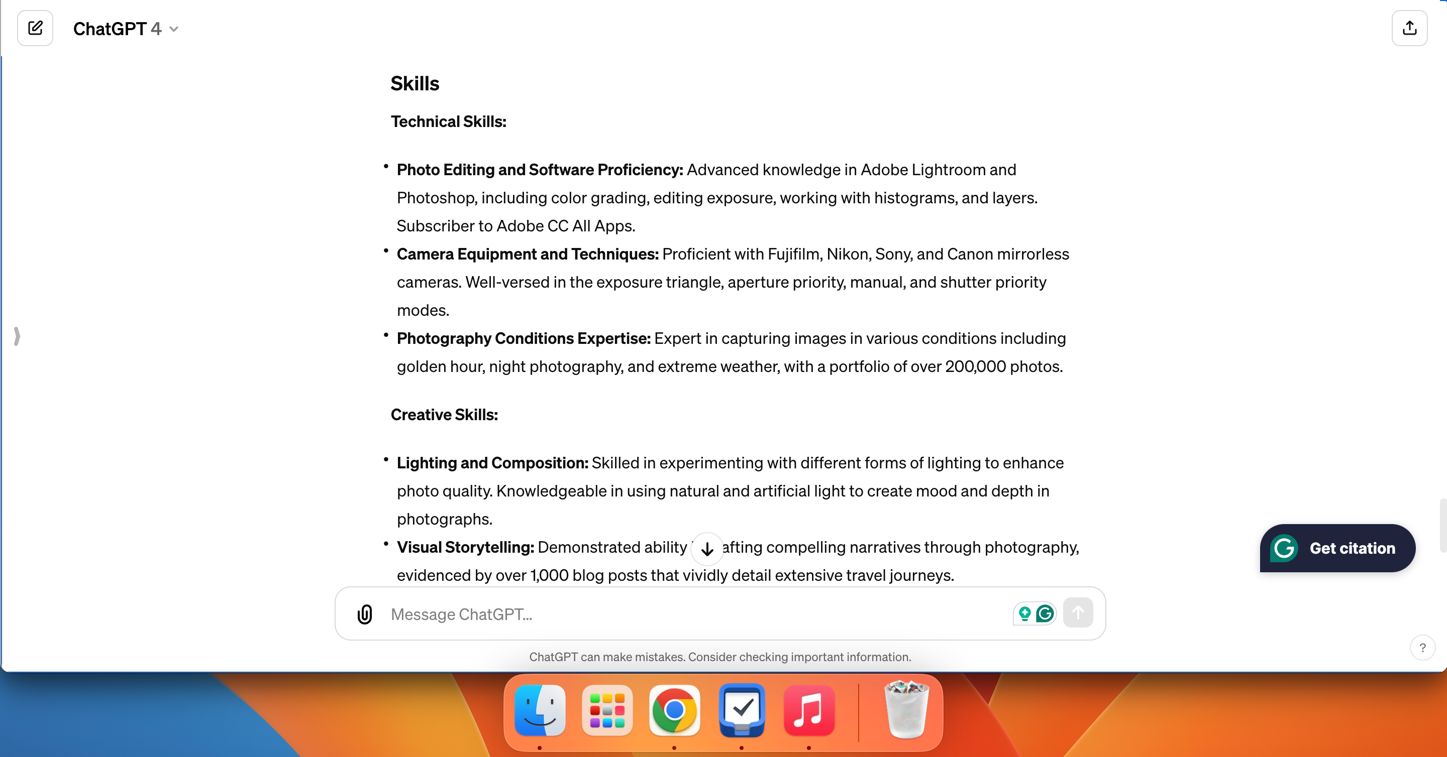 Revised skills in a resume in ChatGPT