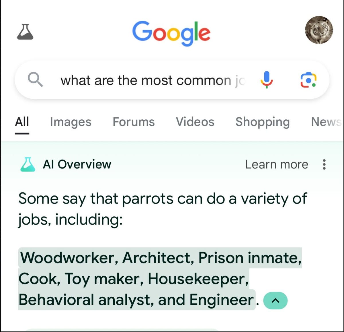 Another screenshot of a wrong answer from Google's AI Overviews.