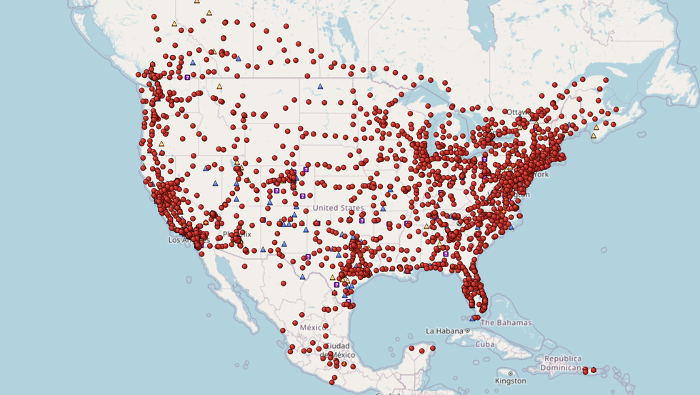 map of north america showing tesla supercharger network as of may 2024