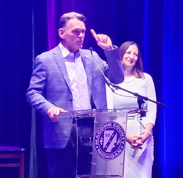 Macomb County Executive Mark Hackel and Planning and Economic Development Director VIcky Rowinski kick off the 12th Annual Macomb Business Awards at Andiamo's in Warren May 9.(PHOTO BY SUSAN SMILEY)