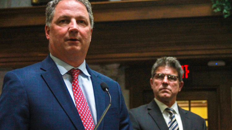 House Speaker Todd Huston (R-Fishers), left, and Senate President Pro Tem Rodric Bray (R-Martinsville), right, each vote on the topics to be considered by study committees. - Brandon Smith / IPB News