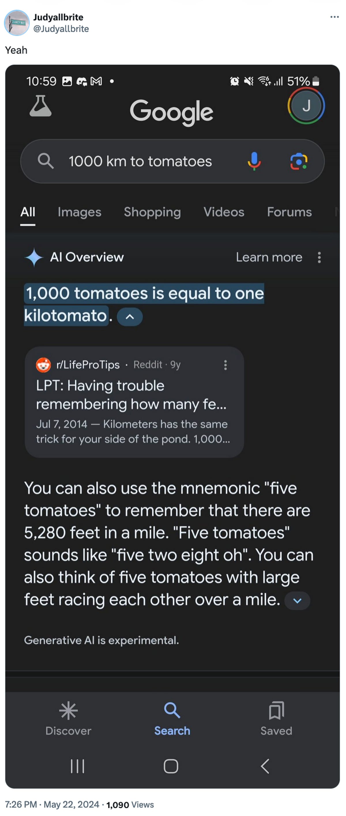 Screenshot claiming 1000 tomatoes equal one kilotomato