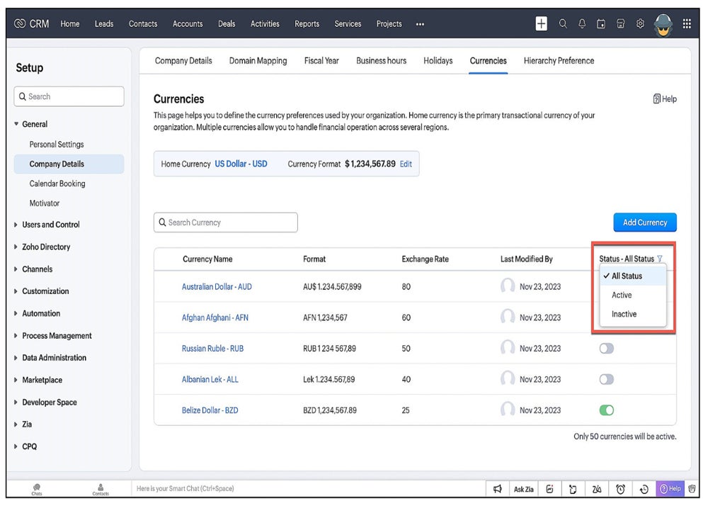 Zoho CRM multiple currencies settings.